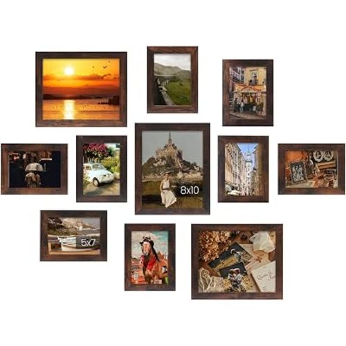 Muzilife Gallery Wall Picture Frames, Three 8x10 and Eight 5x7, Honey Brown