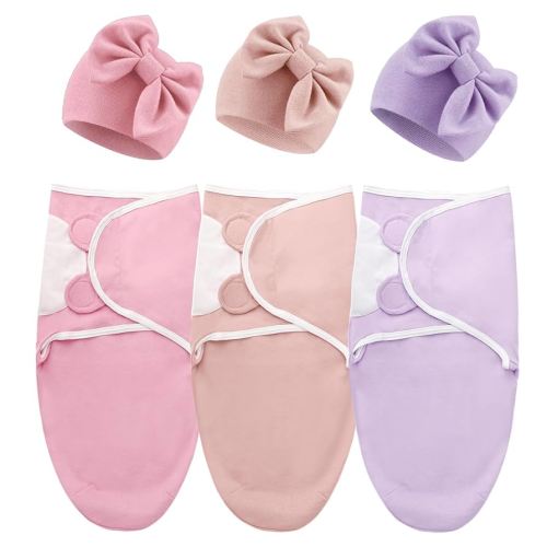 DRESHOW BQUBO 3 Pack Baby Swaddle Sleep Sacks Baby Swaddling Blanket Wrap Newborn Swaddle Sack with Big Bow Hat for Boys Girls 6-12 Lbs Newborns & 0-3 Months Girls Boys