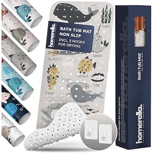 Bath Tub Mat Non Slip Anti Mold for Kids BPA Free INCL Hooks - homerella® Ocean Sea Animals 40x16, Baby Bath Mat Non Slip 200 Suction Cups, Non Toxic Machine Washable Toddler Bath Mat, EU Certified