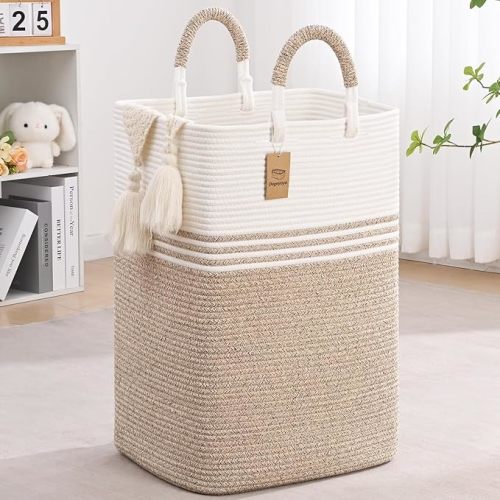 Laundry Basket Hamper,Blanket Storage,Dirty Clothes Hamper with Swivel Handles,Woven Cotton Rope Toy Baskets,Blanket Basket Living Room,Decorative Hampers for Nursery,Bedroom,White & Linen,60L