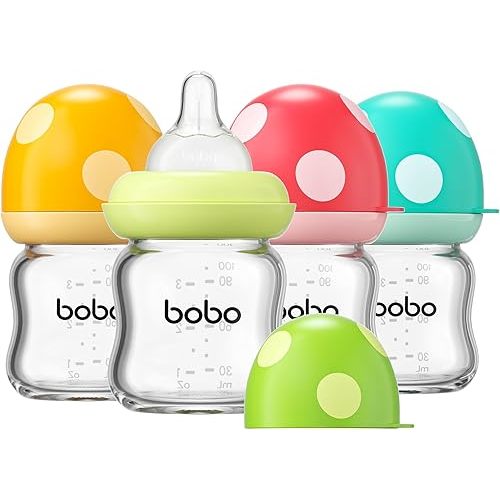YOHKOH Natural Glass Baby Bottle with Level 1 Slow Flow Nipple, Newborn Anti-Colic Baby Bottles, Wide Neck Mushroom Baby Glass Bottle (Multicolour-A, 3.4oz (Pack of 4))