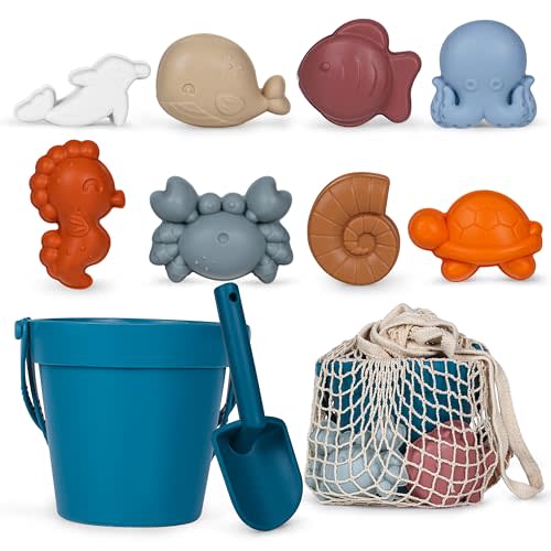MarcZero 11Pcs Silicone Beach Toys,Modern Baby Beach Toys,Travel Friendly Beach Set,Eco Friendly Toy,Silicone Bucket, Shovel, 8 Sand Molds, Beach Bag,Silicone Sand Toys for Toddlers, Kids (Dark Blue)