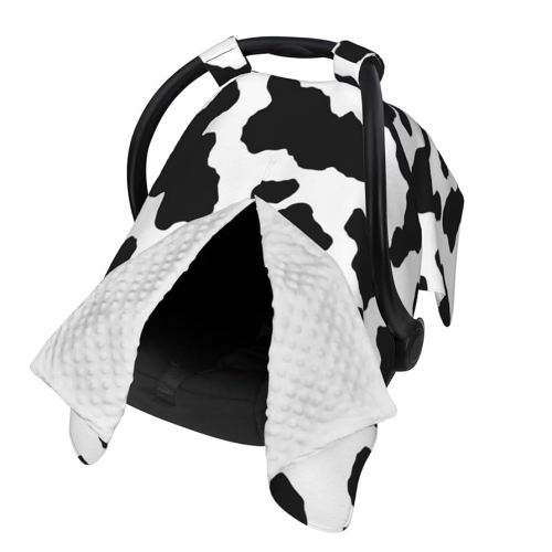 9CH Car Seat Covers for Babies, Peekaboo Opening Minky Car Seat Cover for Baby Mom Nursing Breastfeeding Covers, Winter Minky Baby Carrier Cover for Girls Boys (Cow)
