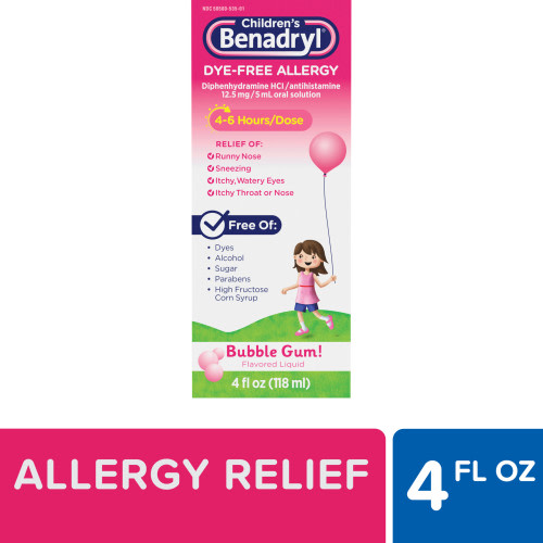Benadryl: Children's Allergy Relief Syrup, Dye-Free, Bubble Gum, 4 fl. oz - Kids Medicine