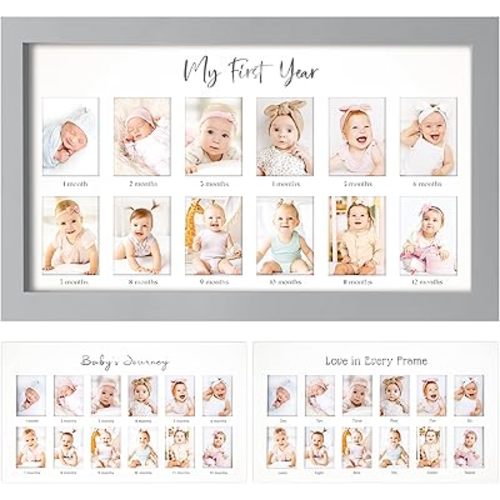 My First Year Photo Frame,12 Months Baby Picture Frame for Newborn Girl, Boy-Baby Shower Gifts Keepsakes,Monthly Baby's One Year Birthday Milestone,1st Nursery Photo Collage Display Board (Cloud Gray)