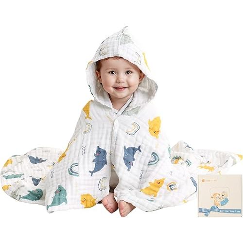 Muslin Baby Hooded Towel, Ultra Soft and Highly Absorbent Toddler Bath Towel, 100% Muslin Cotton Bath Wrap for Babies - Large Newborn Essential 43 x 43 Inch (Dolphin)