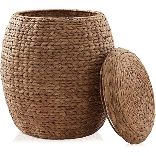 Casafield Round Storage Basket with Lid - Whitewash, Handwoven Water Hyacinth Organizer for Laundry, Blankets, Plants, Bedroom, Living Room, Office
