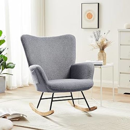 VECELO Rocking Chair, Modern Upholstered Teddy Fabric Nursery Glider with Padded Seat, High Backrest, Armchair and Pocket for Living Room Bedroom Balcony Offices