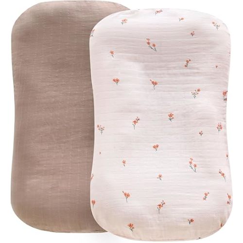 LifeTree Muslin Baby Lounger Cover Neutral, Newborn Slipcover Lounger Cover for Boys Girls Infant, Soft Organic Cotton, 30.7in x 20in Cover Only, Flower and Brown Pattern,