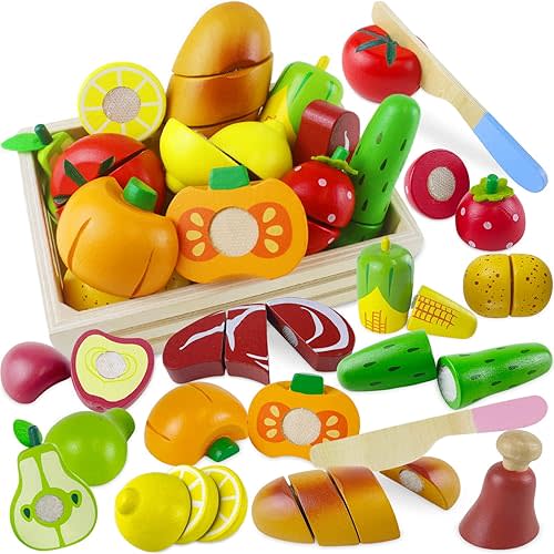 Wooden Play Food Sets for Kids Kitchen Toddlers Wood Toys Cutting Fruit Pretend Food Play Kitchen Accessories Set for Boys and Girls