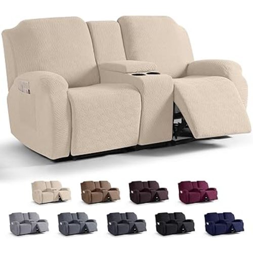 KinCam Loveseat Recliner Covers with Middle Console Slipcover, Recliner Sofa Covers 2 Seat Couch Cover Stripe Jacquard Furniture Protector Covers with Elastic Bottom for Kids, Pets (Vanilla)
