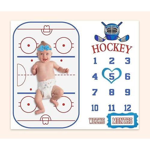 Baby Age Milestone Blanket, Hockey Stadium Blanket for Nursery, Baby 1-12 Months Growth Chart, Includes 4 Frame and 1 Headband 47"x40" BTLSPH298