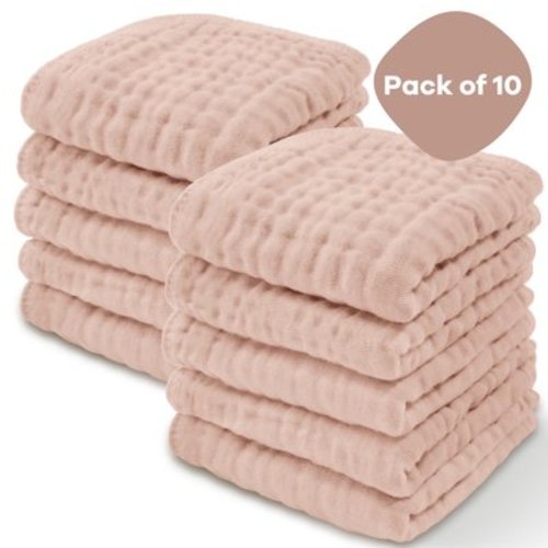Comfy Cubs Baby Washcloths, Muslin Cotton Baby Towels, Large 10”x10” Wash Cloths (Blush, Pack of 10)