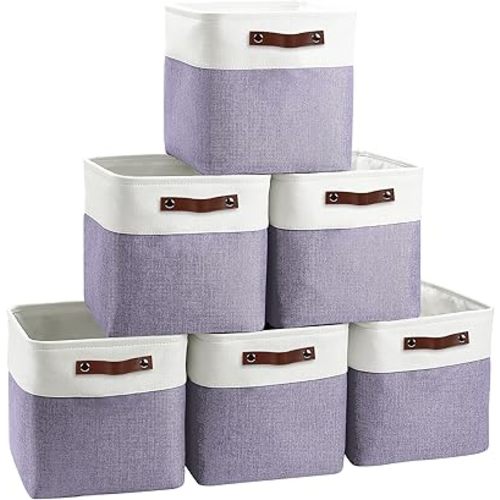 Cube Storage Baskets 6 Pack, 11x11 inch Foldable Cube Storage Bins with Leather Handles for Shelf Closet Nursery Toys (White/ Purple)
