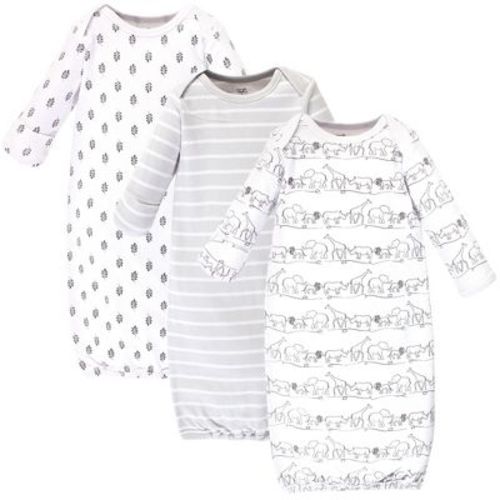 Touched by Nature Baby Organic Cotton Long-Sleeve Gowns 3pk, Safari, Preemie Newborn