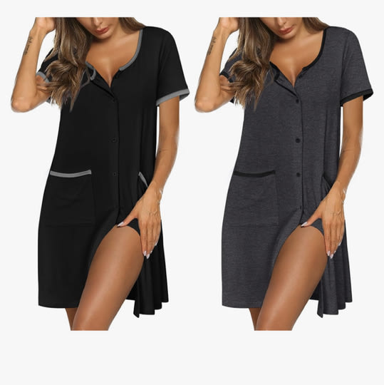 Ekouaer Nightgowns for Women 2 Pack Button Down Sleep Shirts Short Sleeve Nightshirt Sleepwear House Dress with Pockets