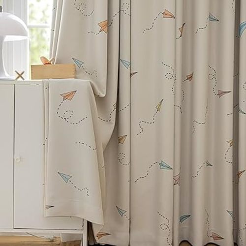 Cartoon Airplane Blackout Curtains for Boys Girls Room Colorful Aircraft Printed Curtains for Kids Room Grommet Room Darkening Window Drapes for Bedroom Living Room 1 Panel (Beige,W52 L84 in)