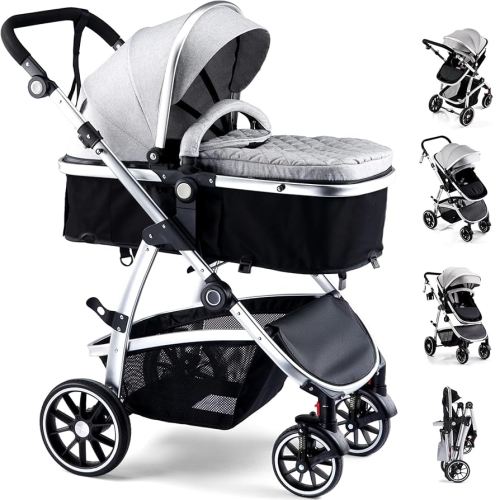 Baby Stroller, 2-in-1 Reversible Toddler Seat with Basket Mode, Foldable Infant Stroller with Canopy, One Button Brake, Adjustable Handle, Newborn Pushchair (Gray)