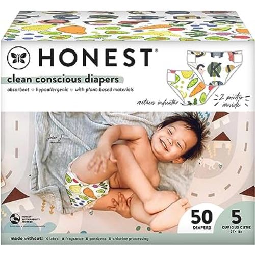 The Honest Company Clean Conscious Diapers | Plant-Based, Sustainable | So Delish + All The Letters | Club Box, Size 5 (27+ lbs), 50 Count