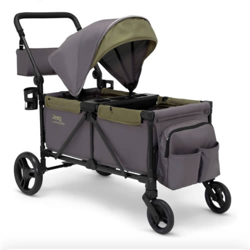 Jeep Sport All-Terrain Stroller Wagon by Delta Children - Includes Canopy, Parent Organizer, Adjustable Handlebar, Snack Tray & Cup Holders, Grey/Olive Green