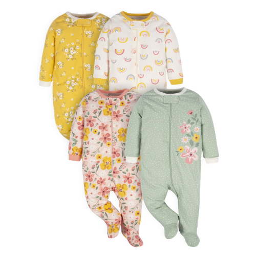 Gerber Baby Girl Sleep 'n Play Footed Pajamas, 4-Pack