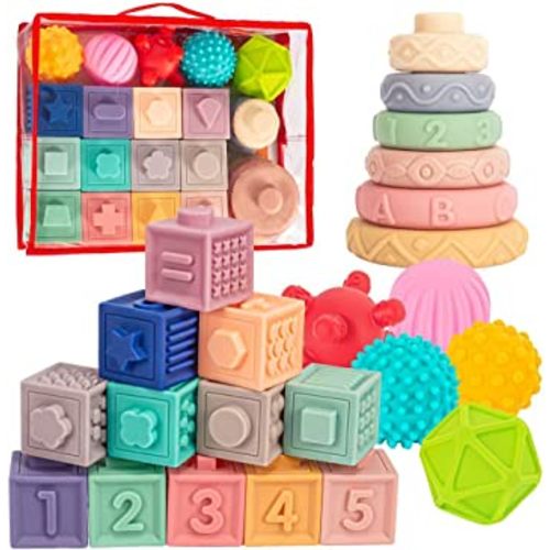 Springflower 3 in 1 Montessori Toys for Babies 0-3-6-12 Months, Soft Baby Teething Toys, Stacking Building Blocks for Infants, Sensory Developmental Education Toys for Toddler Baby 12-18 Months,23 PCS