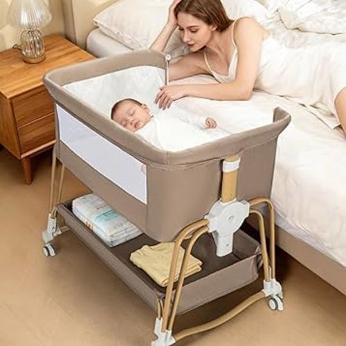 4 in 1 Baby Bassinet | Bassinet Bedside for Baby on Wheels with Storage Basket | 7 Height Adjustable Breathable Mesh Rocking Bedside with Musquito Net for Newborn (Khaki)