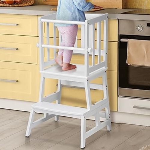 COSYLAND Kids Kitchen Step Stool Helper with Gloves Removable Anti-Drop Railing Safety Rail, Non-Slip Mat Standing Tower Stepping Stool for Toddlers Bathroom Sink Counter Learning White