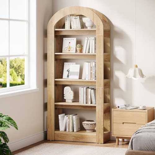 Eulas 70. 8in. Tall Brown Engineered Wood 5-Shelf Arched Bookcase Bookshelf for Home Office Living Room