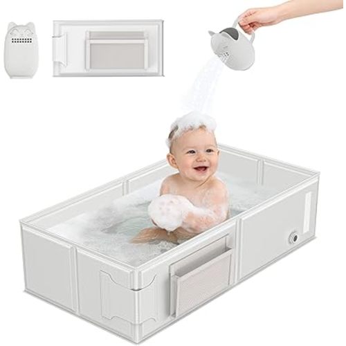 Baby Bathtub, Portable Bathtub with Cat-Patterned Bath Rinse Cup,Foldable Bath Tub for Small Bathroom,Toddler Tub for 6M-5Y,Baby Travel Essentials for Hotel,Camping & Beach