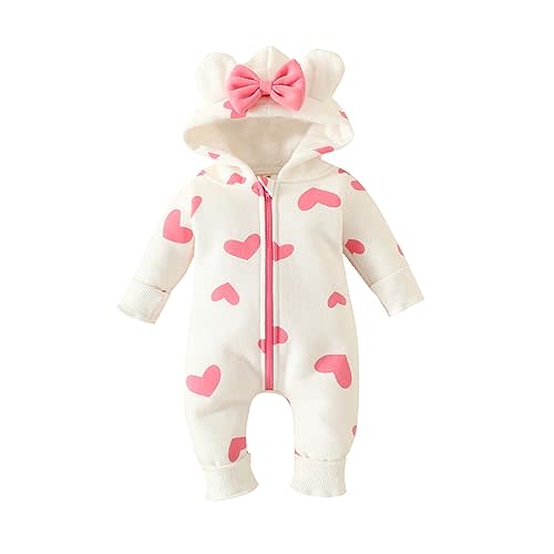 Newborn Baby Girl Hooded Jumpsuit Heart Cow Zip Up Long Sleeve Infant One Piece Romper Snowsuit Valentines Outfit