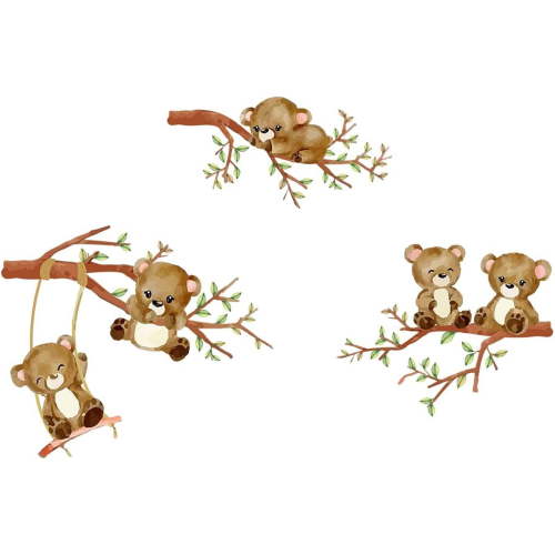 Woodland Bear Wall Decals Animal Tree Branch Wall Stickers Watercolor Animal Vinyl Decor for Baby Nursery Kids Bedroom Classroom Bedroom Living Room Wall Decor