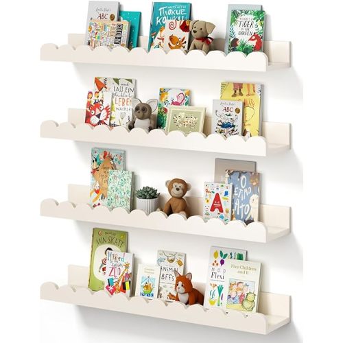 Scalloped Baby Book Shelf,Floating Shelves for Wall Set of 4 Solid Pine Wood Nursery Bookshelves with Wave Lip for Bedroom Kids, Toddler Room, Baby Room, Nursery Decor(White,40cm)