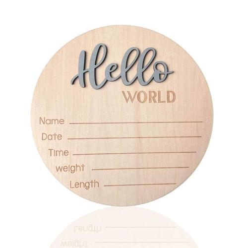 Baby Announcement Sign, 5.9 Inch Wooden Hello World Newborn Signs, Birth Announcement Sign, Baby Shower Hospital Nursery for Newborn Boys and Girls (Gray)