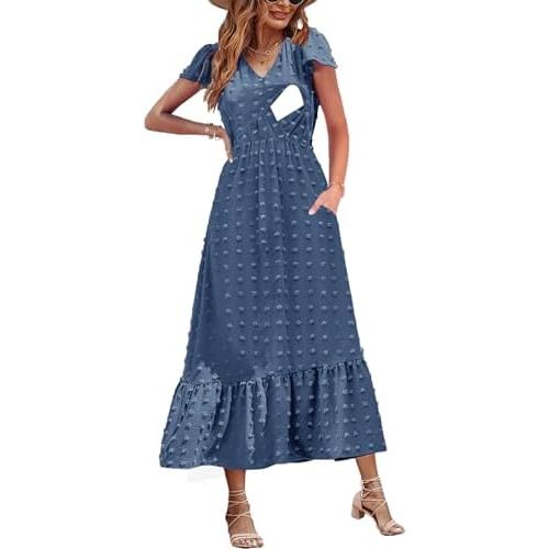 Women Nursing Boho Maxi Dresses Cap Short Sleeve V Neck Swiss Dot High Waisted A-Line Ruffle Tiered with Pockets