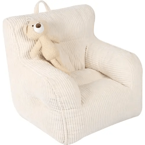 Kids Bean Bag Chair with a Plush Bear, Comfy Toddler Chair for Boys and Girls, Beige