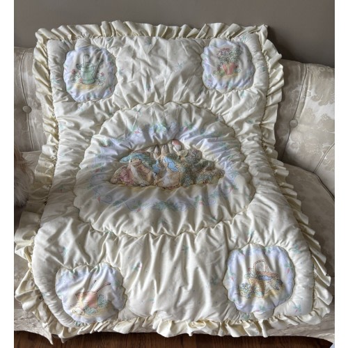 Vintage Beatrix Potter Peter Rabbit Yellow Baby Quilt Blanket Ruffle USA 52”x 34