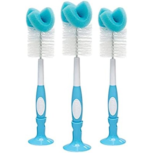 Dr. Brown's Reusable Sponge Baby Bottle Cleaning Brush Set with Suction Cup Stand, Scrubber and Nipple Cleaner, Blue 3-Pack