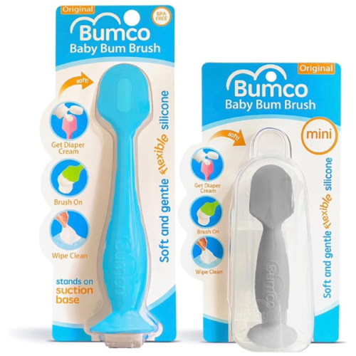 Bumco Baby Bum Brush + Mini Baby Diaper Cream Spatula with Case - BPA-Free Silicone Diaper Spatula with Suction Cup, Wipe-Clean, Mom-Invented Butt Paste Applicator (Blue & Gray)