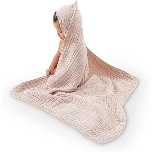 Comfy Cubs Baby Hooded 9 Layer Muslin Cotton Towel for Kids, Large 32” x 32”, Ultra Soft, Warm, and Absorbent. Baby Essentials Bath Towels, Cute Unisex Cover for Girls and Boys (Pack of 1, Blush)
