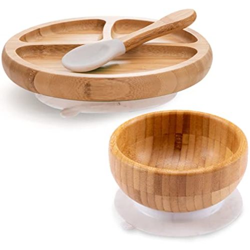 Baby Divided Bamboo Plates, Bowls with Suction and Matching Spoon Set, 3 Piece Feeding Supplies Set for Infant, Toddlers, Detachable Silicone Suction Stay Put Base for Wooden Bowl, Plate