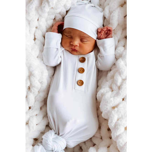 Solid White Bamboo Baby Knot Gown & Hat