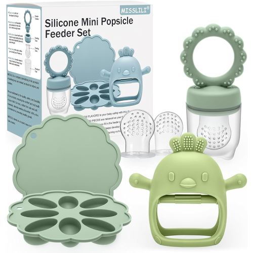 3 Pack Silicone Teething Mitten for Babies with Baby Fruit Food Feeder & Freezer Tray Set, BPA Free Infant Teething Relief Toy for 3 Month+, Additional Silicone Sacs