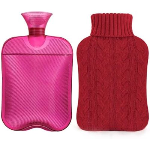 samply Hot Water Bottle with Knitted Cover, 2L Hot Water Bag for Hot and Cold Compress, Hand Feet Warmer, Ideal for Menstrual Cramps, Neck and Shoulder Pain Relief,Red