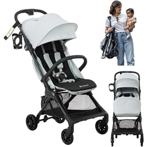 BabbleRoo Hoplite Compact Stroller – Lightweight Travel Stroller for Airplane (12.3 lbs), Newborn to 55 lbs, Easy Fold, PU Wheels, Alloy Frame, Near-Flat Recline, Raincover, Cup Holder, Baby Stroller
