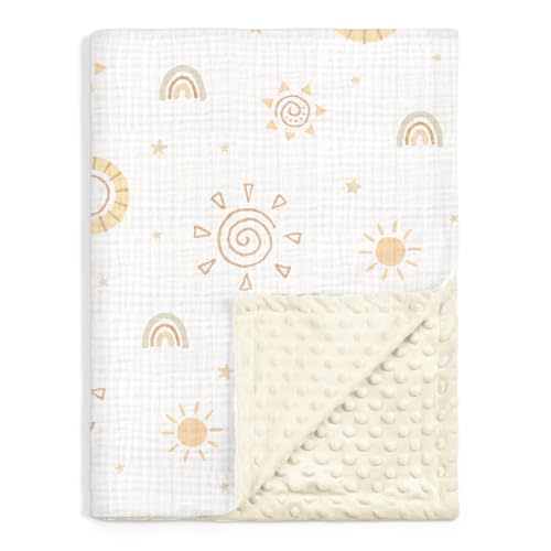 Sun Baby Blankets for Boys Girls, Soft Nursery Minky Blankets with Muslin and Dotted Fleece Back 30x40 inches, Receiving Bed Quilt for Newborn, Infants, Toddlers