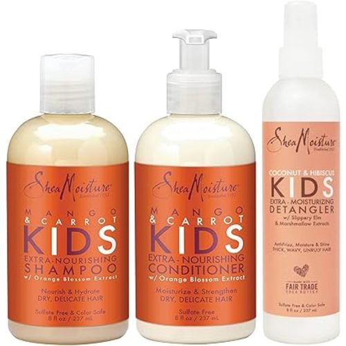 SheaMoisture KIDS Shampoo and Conditioner Set, Extra-Nourishing Mango & Carrot + Coconut & Hibiscus Detangler Spray for KIDS, 8 Fl Oz (3 Piece Set)