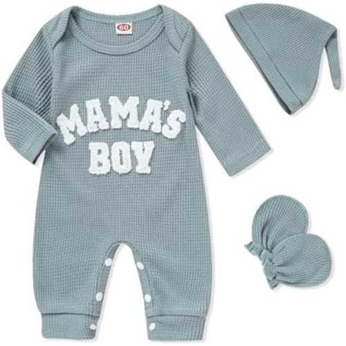 GRNSHTS Newborn Baby Boy Romper Coming Home Outfits Letter Print Bodysuit Jumpsuit+Hat+Gloves 3PCS Clothes Set