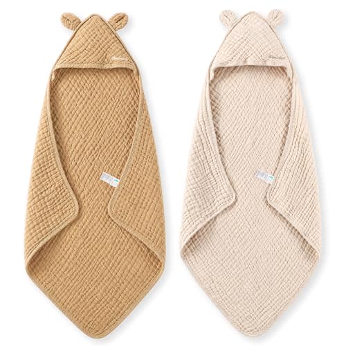 Momcozy 6-Layer Muslin Cotton Baby Towels with Hood, 32x32 Inch, Brown | 6-Layer 100% Cotton Muslin Hooded Baby Towel Set for Newborn, Infant & Toddler, Soft Absorbent Baby Bath Essentials