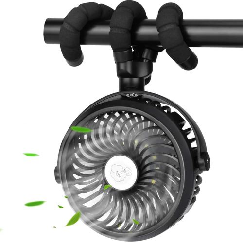 Stroller Fan - Mini Portable USB Personal Handheld Fan With 12 LED Lights for Camping, Travel, Battery Operated, Clip-On (Black)
